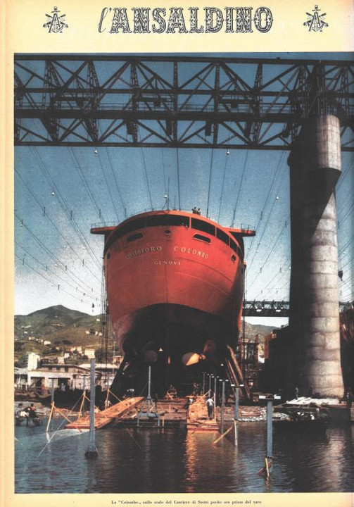 p. 20, (quarta di copertina), la Colombo sullo scalo dei Cantieri navali Ansaldo di Sestri Ponente poche ore prima del varo
